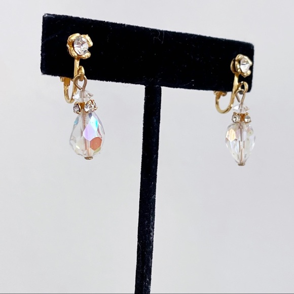 Vintage Gold Tone CZ Aurora Borealis Crystal Bead Dangle Clip Earrings 1.25” - Picture 5 of 11